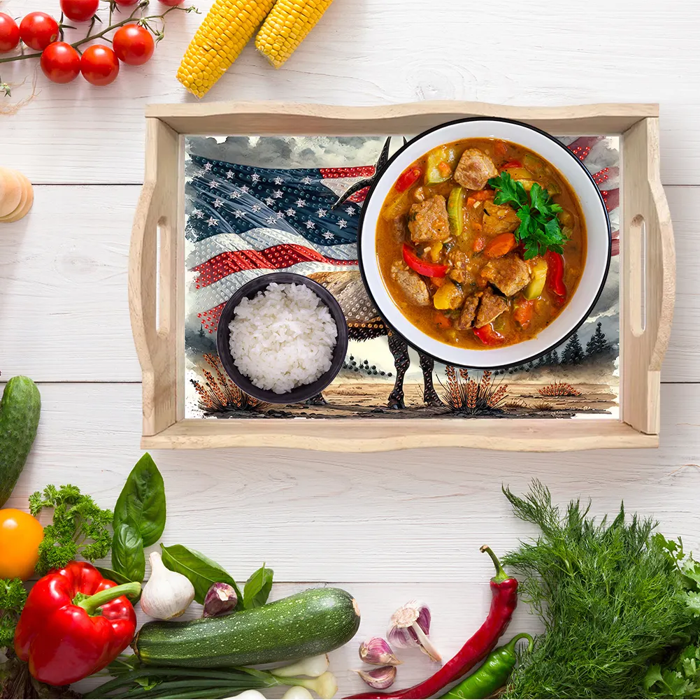 5D DIY Wooden US Flag Deer Diamond Painting Tray Art Craft for Desk Coffee Table