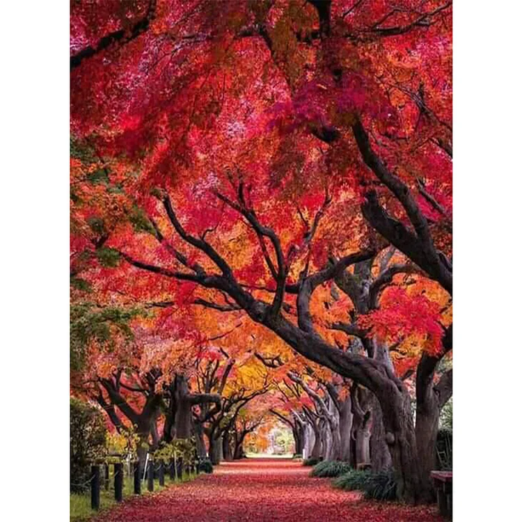 Red Forest Autumn Street Scene - Printed Cross Stitch 11CT 40*55CM