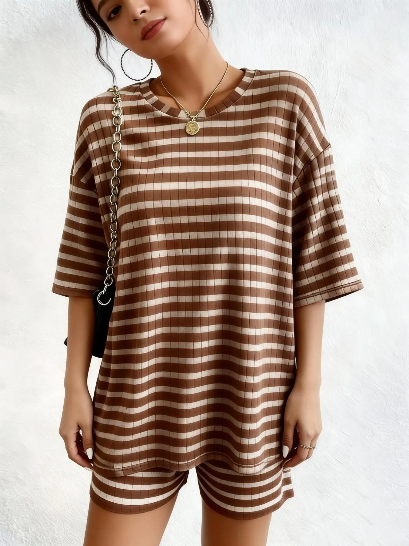 Women's Casual Loose Oversized Striped Set, Summer Short Sleeve Tee & Shorts, Airport Outfit, Home Wear, Sportswear, Fashionable Women's Clothing, Summer Lounge Sets Women's Casual Loose Oversized Striped Set, Summer Short Sleeve Tee & Shorts, Airport Outfit, Home Wear, Sportswear, Fashionable Women's Clothing, Summer Lounge Sets