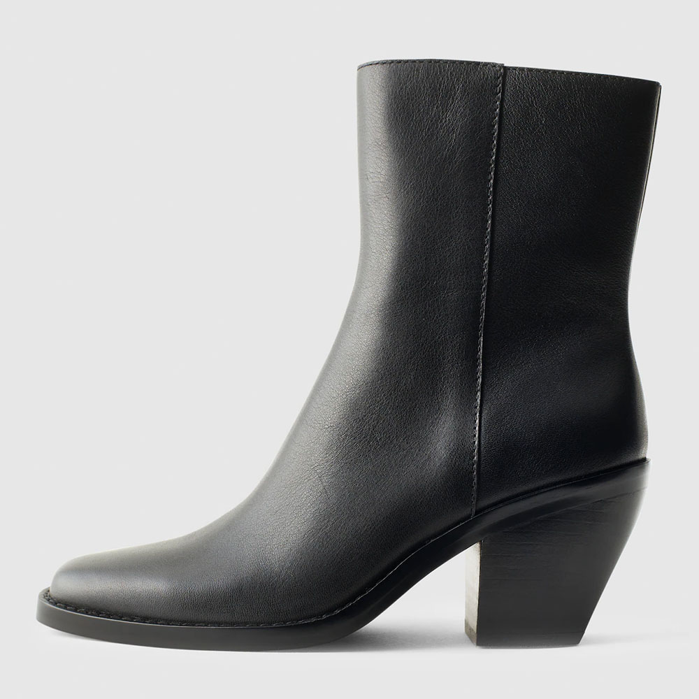 Black Vegan Leather Chunky Heel Square Toe Zipper Ankle Boots Nicepairs