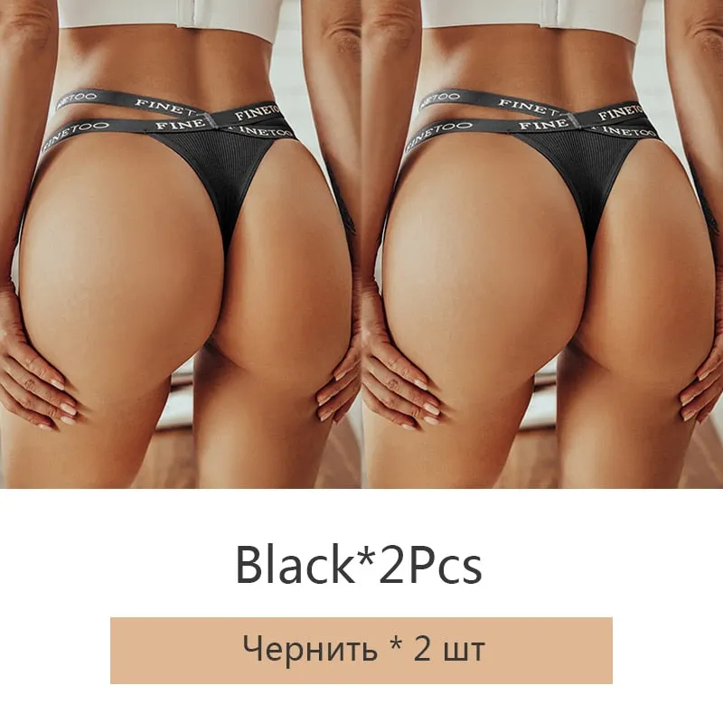 FINETOO 2Pcs/set Sexy Thongs Women Cotton G-string Panties Letter Bikini Underwear Girls Cross Belt Low-rise Underpants Lingerie
