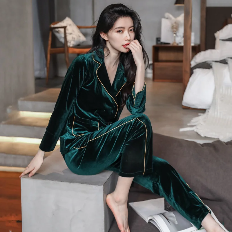 Gold Velvet Pajamas Set Women's New Long Sleeve 2Pcs Nightwear Warm Velour Sleepwear Home Clothes Autumn and Winter Loungewear