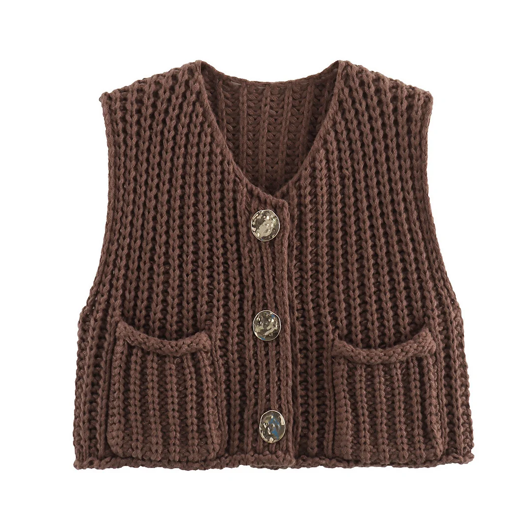 Nigikala Nigikala 2025 Spring And Autumn 2025 New Women's Pocket Sleeveless Short Knitted Cardigan Vest