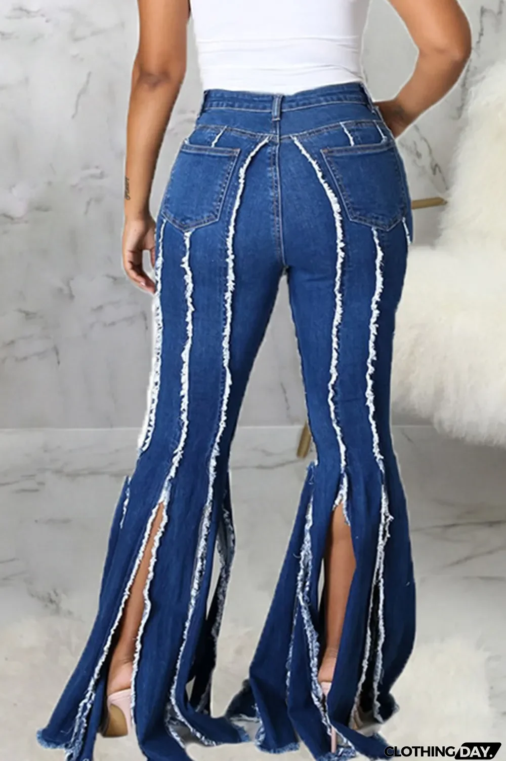 Dark Blue Street Solid Split Joint Slit Boot Cut Denim Jeans