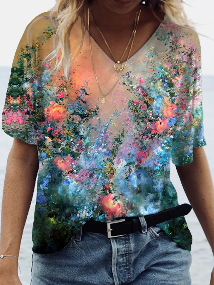 Abstract Floral Oil Painting V Neck T Shirt