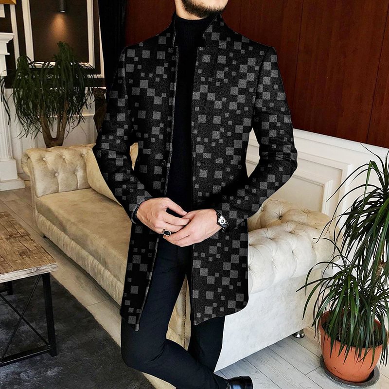 Men's Abstract Pattern Mid-Length Stand-Up Collar Tweed Coat