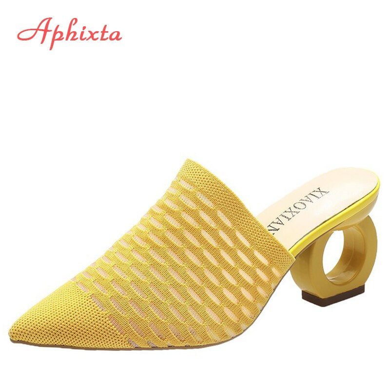 Aphixta Air Mesh Stretch Fabric Shoes Women Slippers Pointed Toe Strange Style Heel Mules Shoe Slides Flip Flop Big Size 43