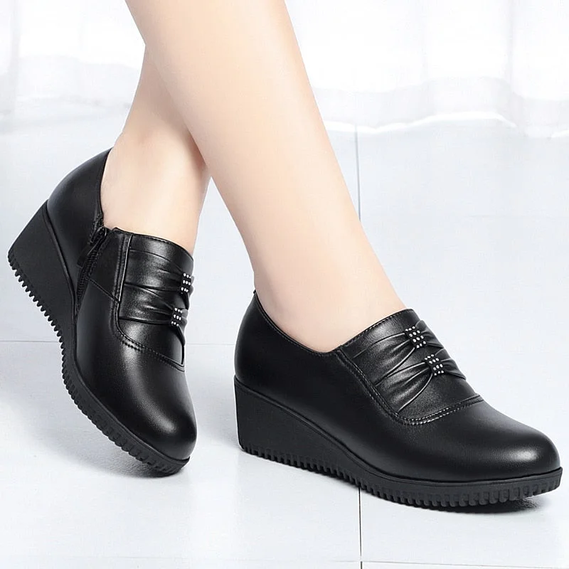 GKTINOO 2022 Wedges Women Shoe Autumn Winter Slip-On High Heels Round Toe Genuine Leather Casual Ladies Platform Shoes Woman