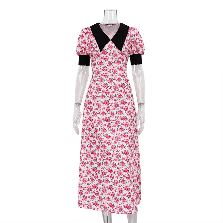 Ueong Ueong Women's Summer New Contrast Color Splicing Short-Sleeved Doll Collar Print Dress Dress