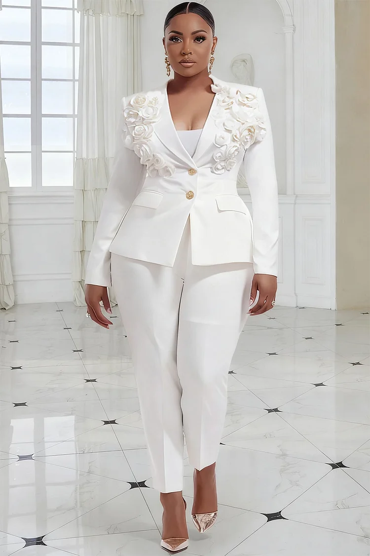 Xpluswear Design Plus Size Formal White Turndown Collar Long Sleeve 3D Elegant Pocket Two Piece Pant Suits 2024 - Xpluswear