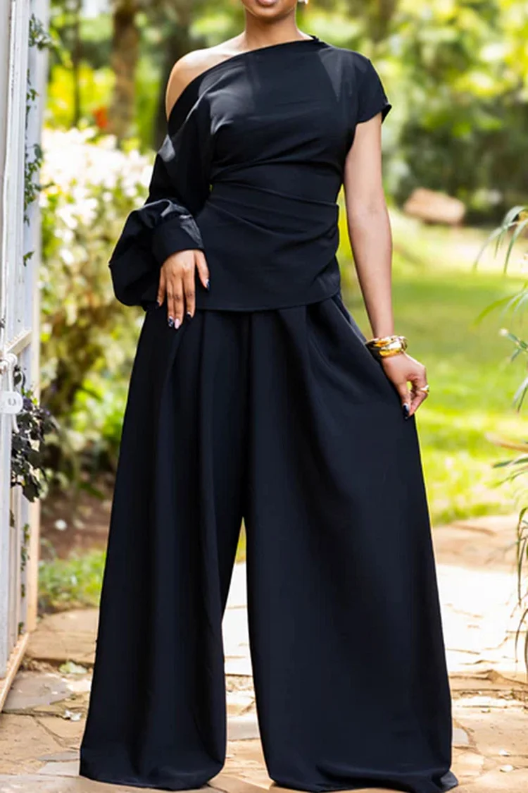 Plus Size Business Casual Black Asymmetrical Collar One Shoulder Long Sleeve Pocket Wide Leg Satin Two Piece Pant Sets [Pre-Order] 2024 - Xpluswear