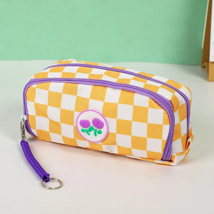JOURNALSAY Large Capacity Checkerboard Canvas Pencil Case Multifunction Zipper Stationery Storage