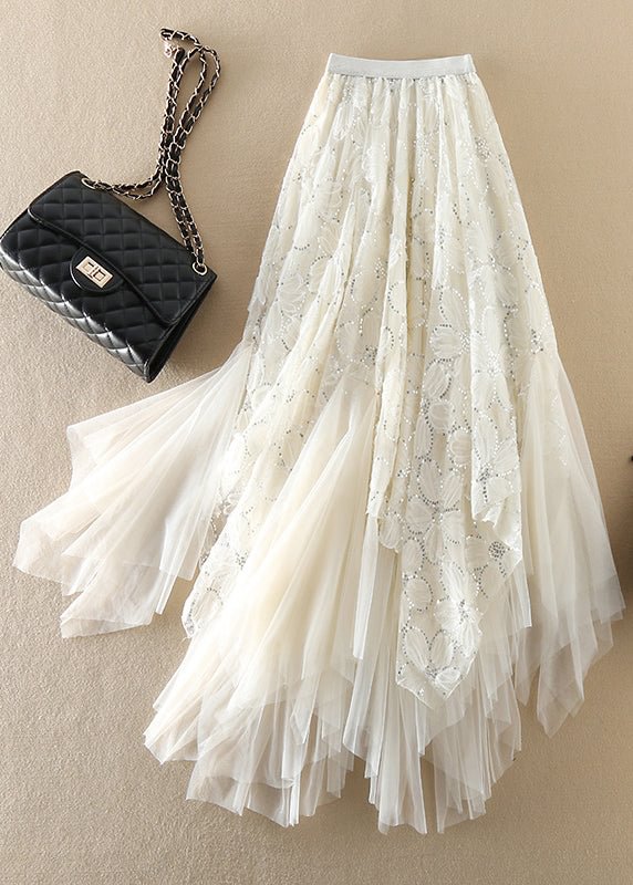 Casual White Sequins asymmetrical design Tulle Skirts Spring CK833- Fabulory