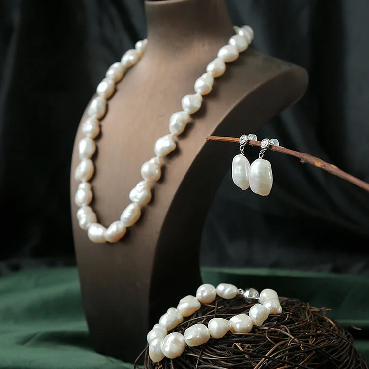 Gold Plated Baroque Pearl Necklace Bracelet Earrings Set