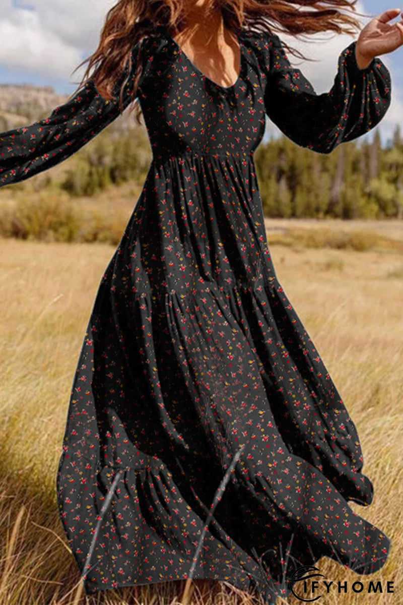 Elegant Floral Patchwork V Neck Printed Dress Dresses | IFYHOME