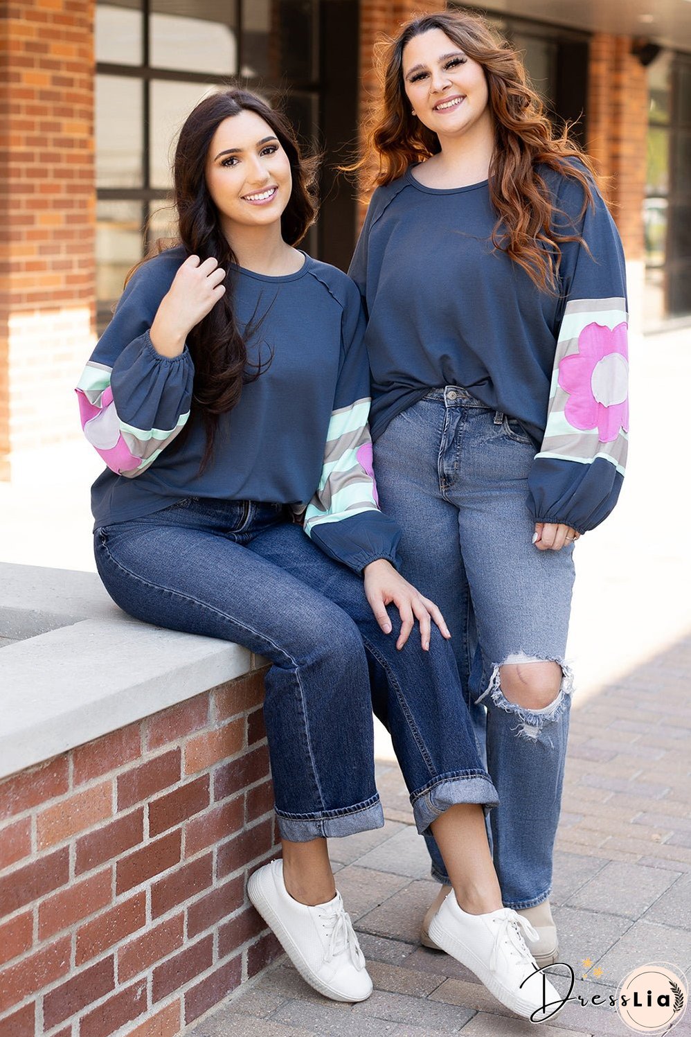 Sail Blue Flower Patchwork Raglan Sleeve Exposed Seam Oversized Top