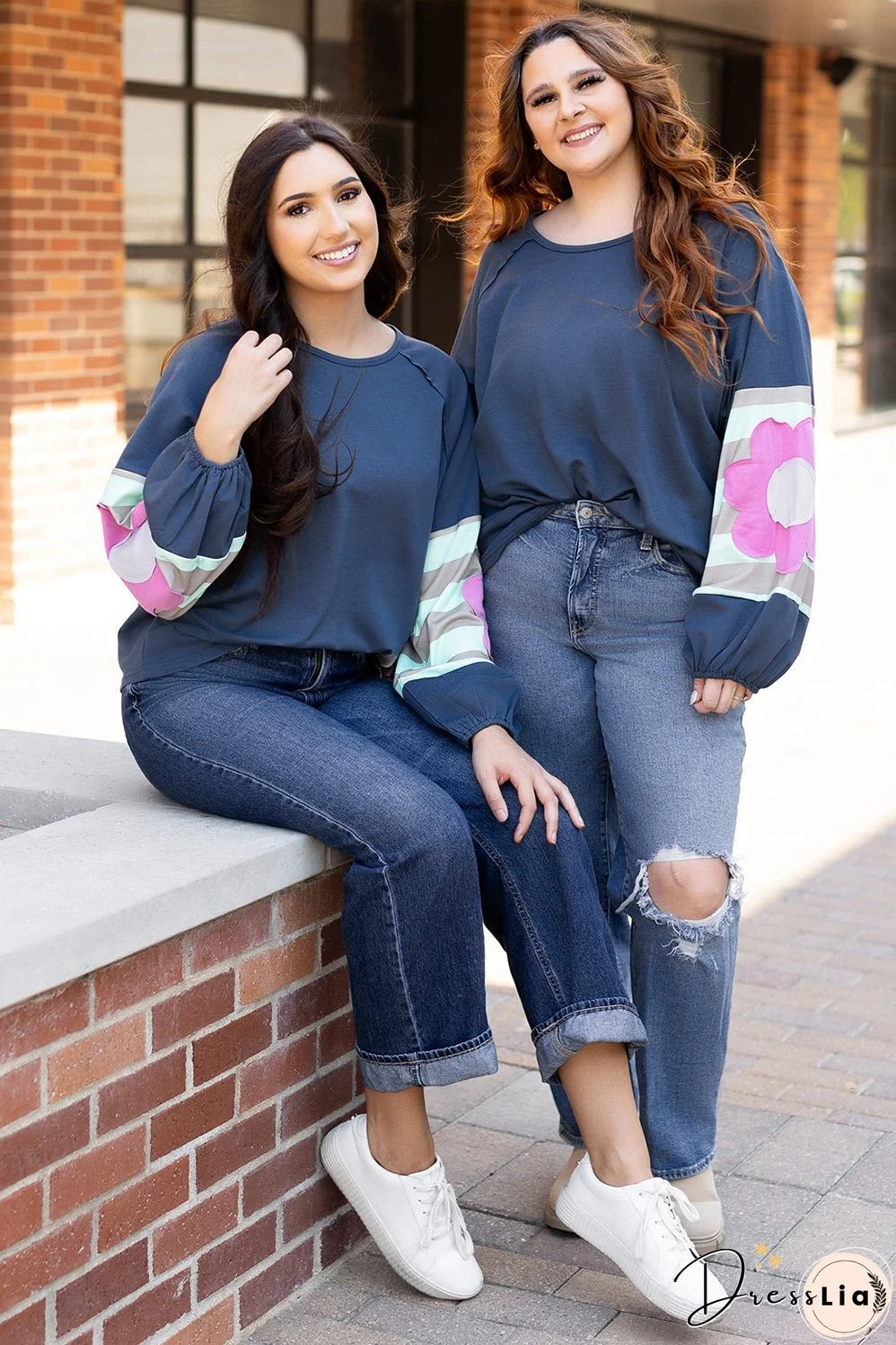 Sail Blue Flower Patchwork Raglan Sleeve Exposed Seam Oversized Top