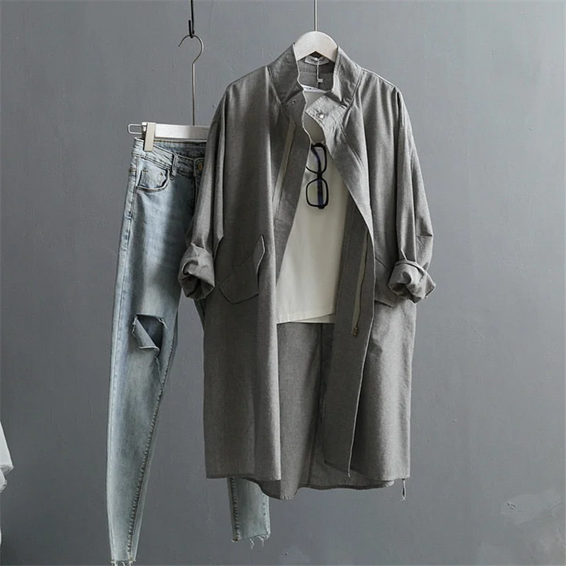 Summer Cotton Linen Women's Trench Coat 2021 New Korean Version Long Sleeved Large Plus Size Loose Women Trenchs Coats