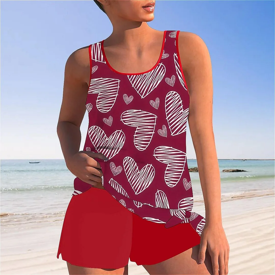 Bowknot Heart,Love,Valentine's Day Mid Waisted Tankini Set - Plus Size Available
