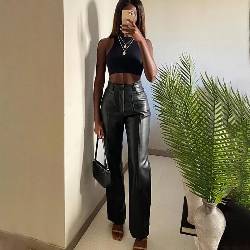 WannaThis Women Faux Leather Pant Pockets Straight Pant Trousers Autumn Elegant High Waist Loose Vintage Casual Pants Streetwear