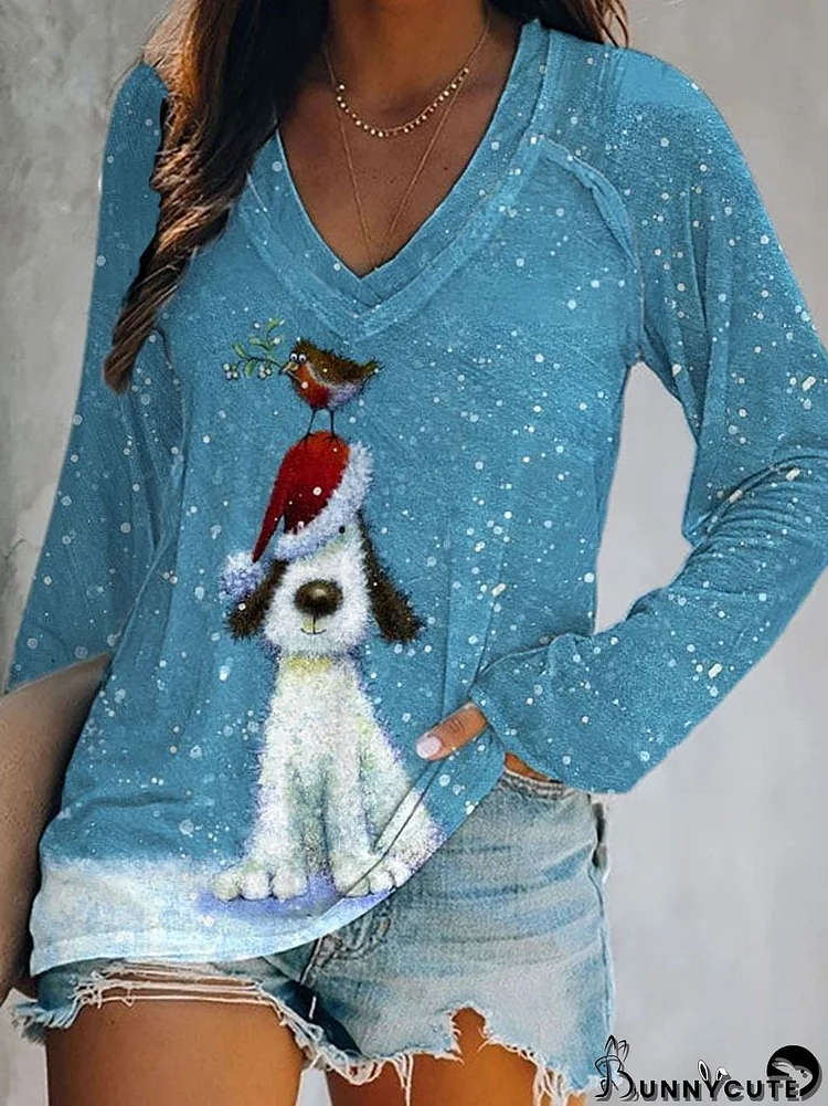 Women's Christmas Dog Print V-Neck Top