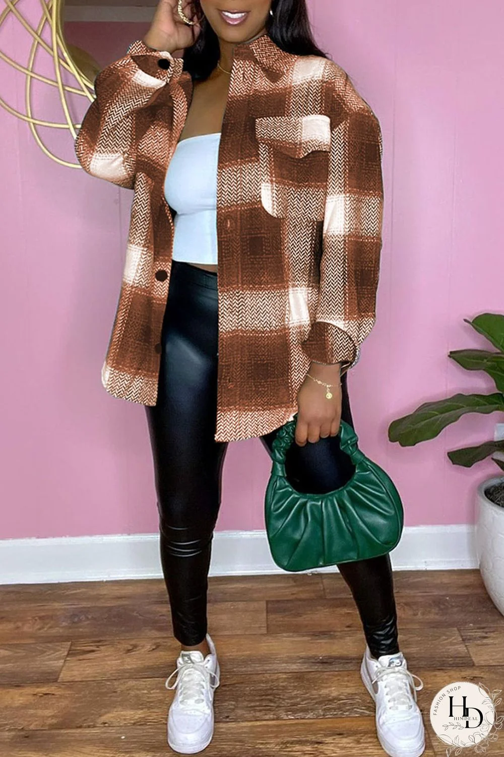 Orange Casual Plaid Print Split Joint Buckle Tops
