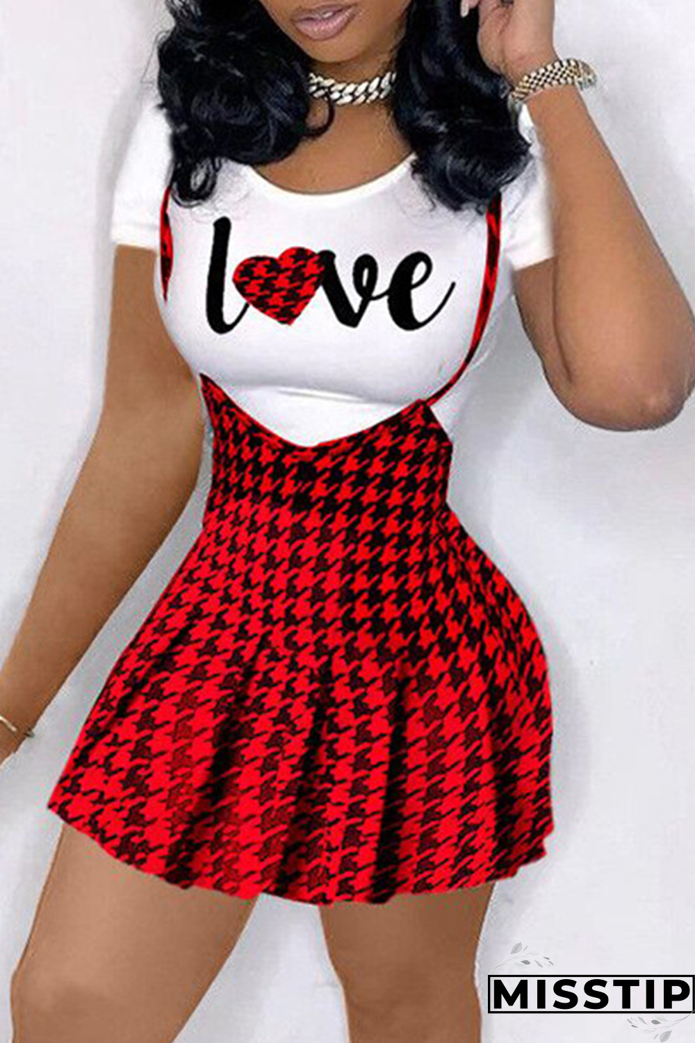 Red Casual Plaid Patchwork O Neck Short Sleeve Two Pieces