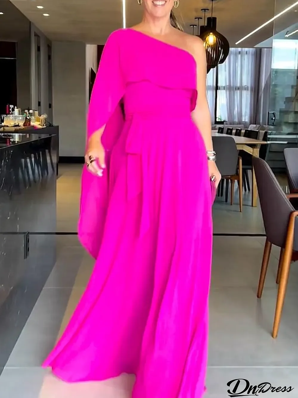 Women's Prom Dress Party Dress Wedding Guest Dress Long Dress Maxi Dress Fuchsia 3\/4 Length Sleeve Pure Color Lace up Spring Fall Winter One Shoulder Fashion Winter Dress Evening Party Wedding Guest