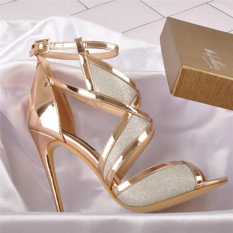 Onlymaker Women's 12cm Peep Toe High Heel Glitter Cut Out Gold Evening Party Sandals Ankle Strap For Summer