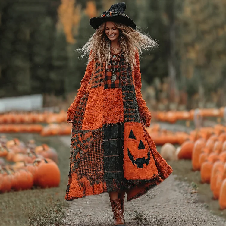 Vintage Halloween Pumpkin Face Patchwork Art Cozy Knit Maxi Dress