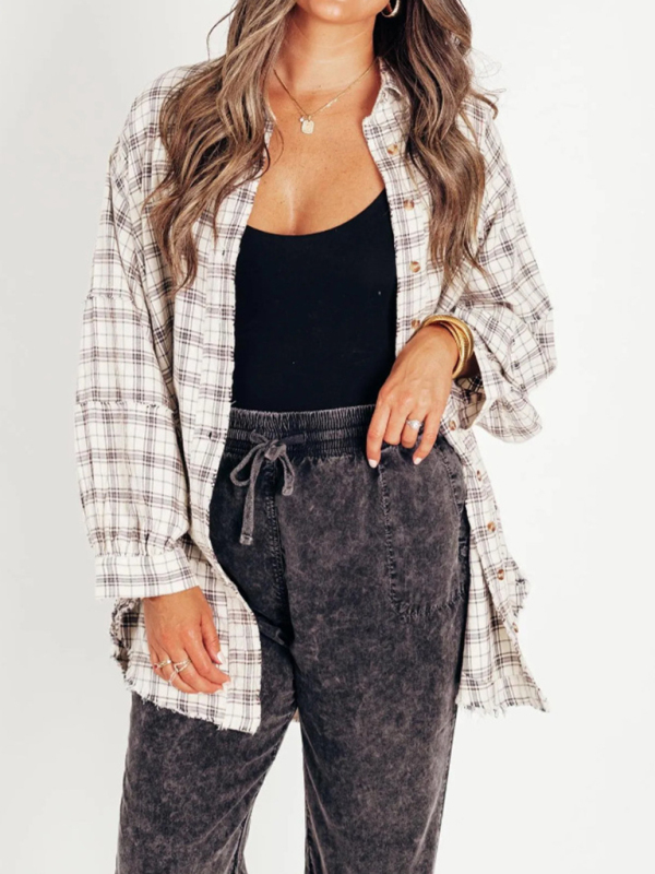 Mature Women Fashion Top Raw Edge Lantern Sleeve Loose Button Plaid Shirt