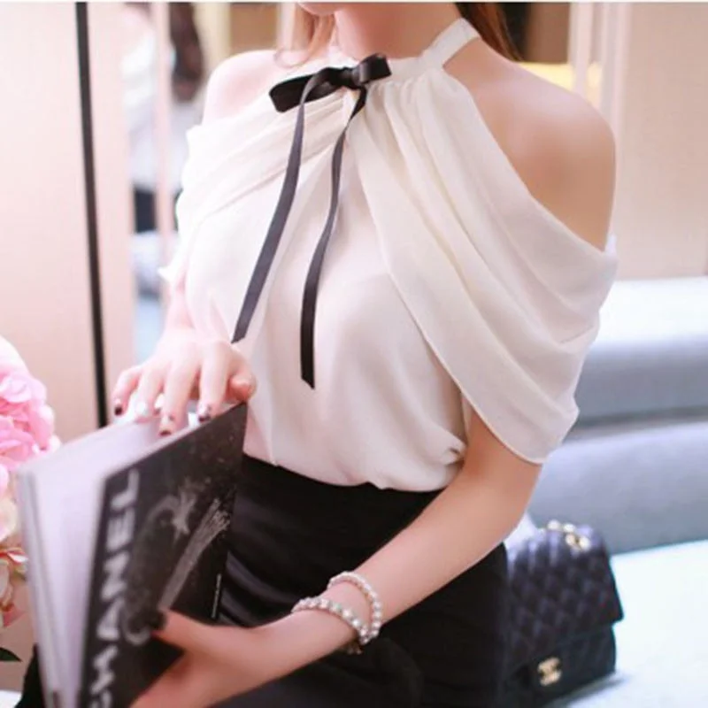 Spring Summer Style Shirt Women White Blouses Sexy Tie Bow Chiffon Blouse Female Slim Slash Neck Shirts Blusas Tops AB1405