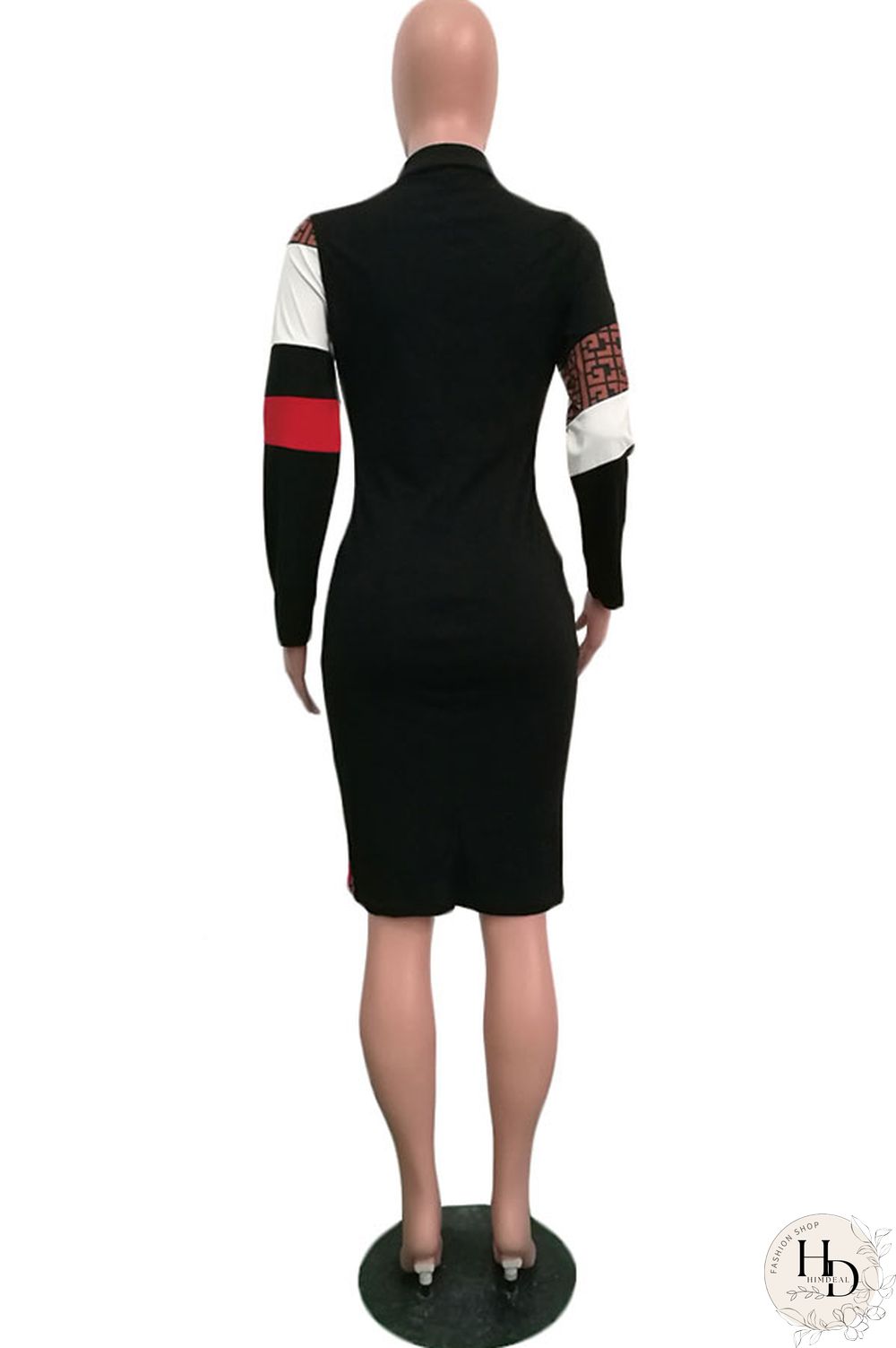 Black Sexy Fashion Cap Sleeve Long Sleeves Turndown Collar Step Skirt Knee-Length chain Patchwork Print C