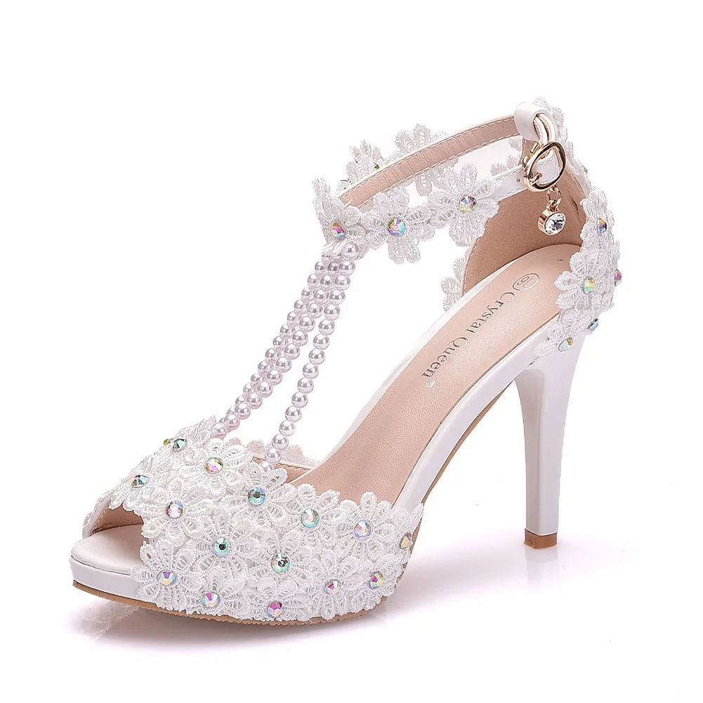 Breakj Breakj Fish Mouth Beads Waterproof Table High Heel Sandals Waterproof Table Sandals Fine Heel Lace Beaded Wedding Shoes