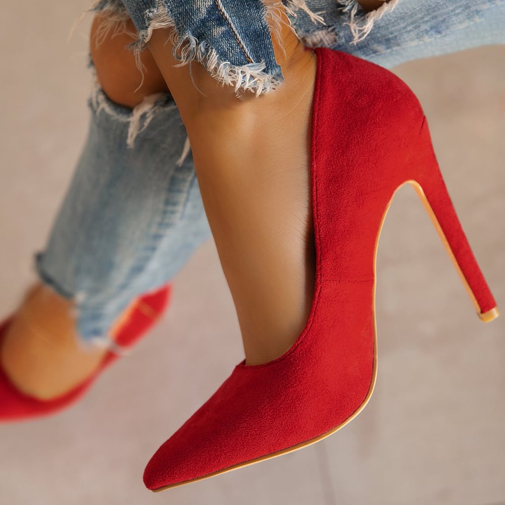 Red Suede Pumps Pointed Toe Stiletto Heels Pumps Nicepairs