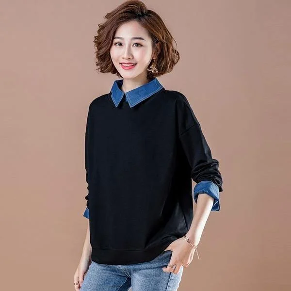 Plus Size Women Casual Sweatshirt Turn-down Collar Fake 2 Piece Female Long Sleeve Tops