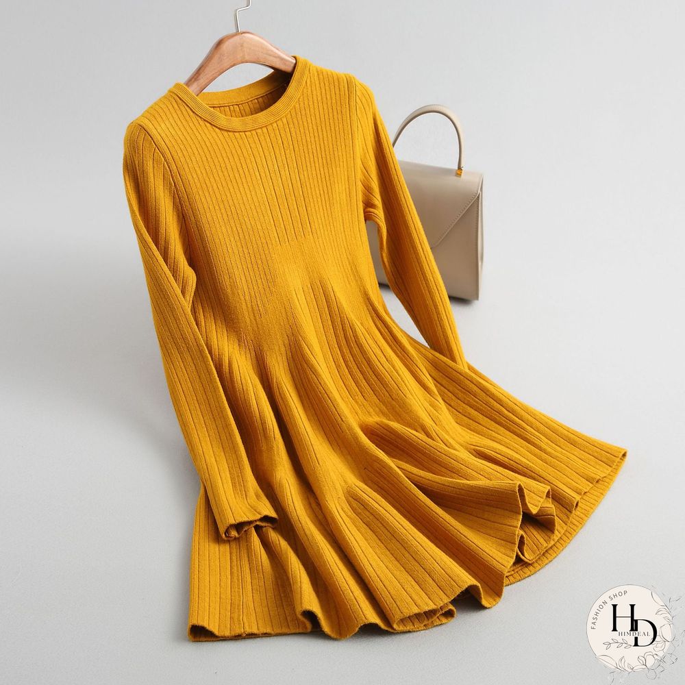 Spring Autumn Sexy Mini Dress Women O-Neck Long Sleeve Elastic Waist Korean A-Line Knitted