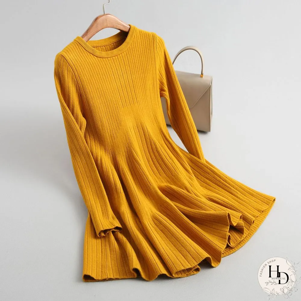 Spring Autumn Sexy Mini Dress Women O-Neck Long Sleeve Elastic Waist Korean A-Line Knitted