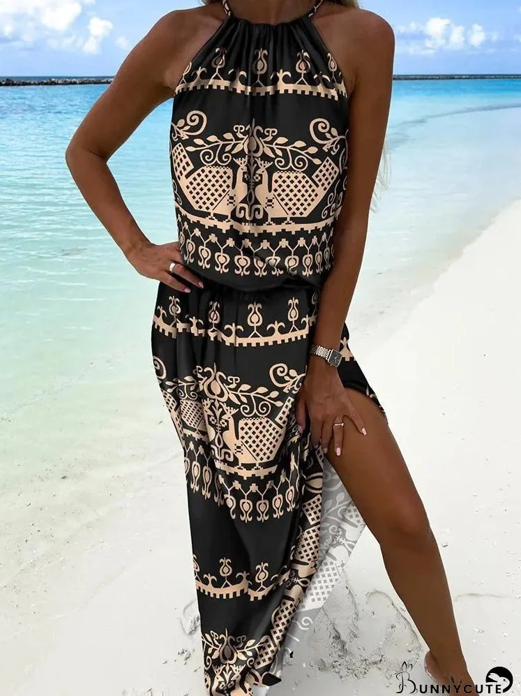 Dresses Halterneck Print Elastic Waist Slit Dress for Women
