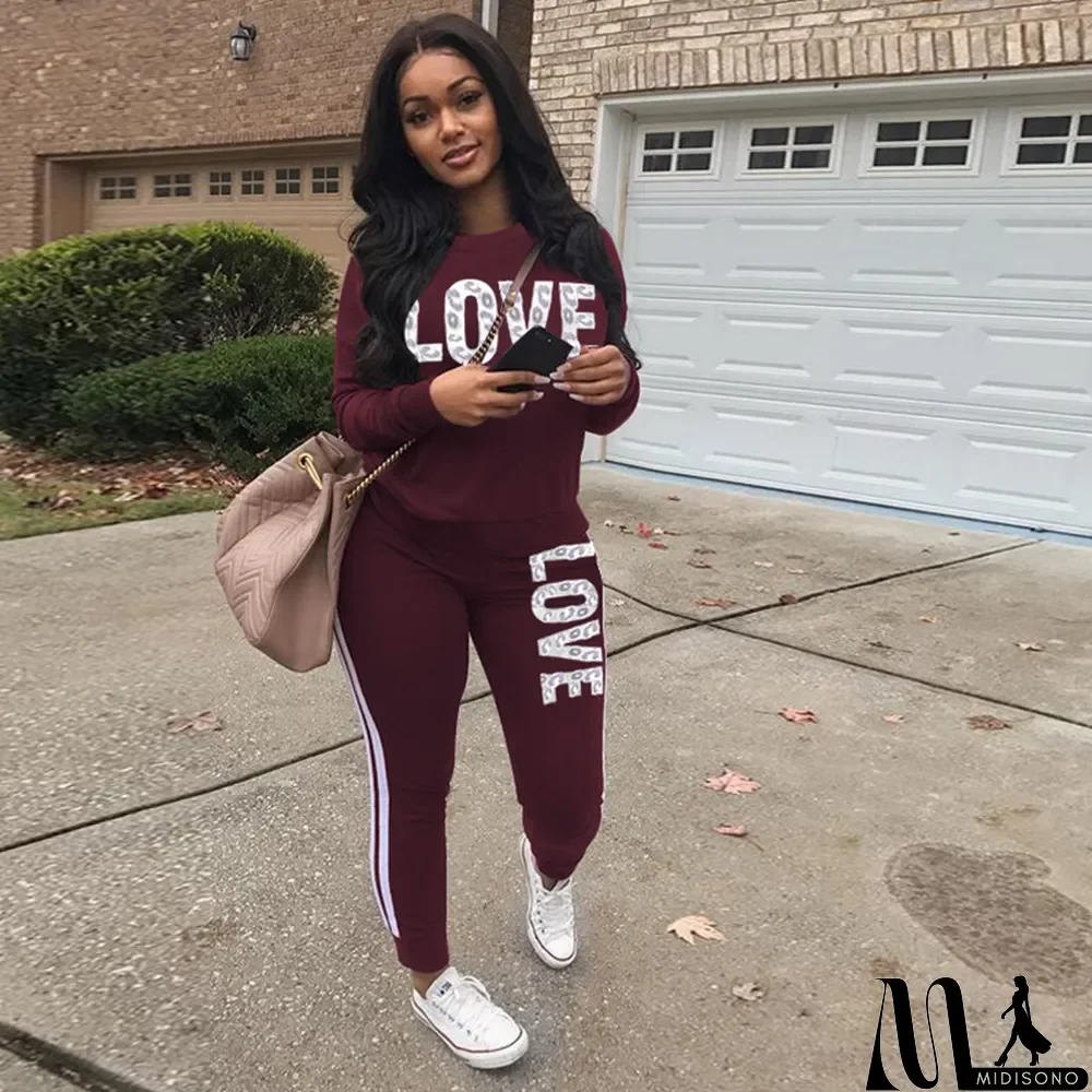 MidiSono - Plus Size Letter Print Long Sleeve 2 Piece Sets