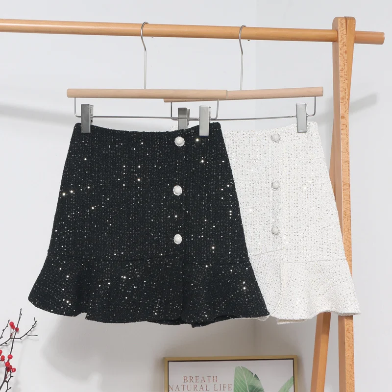 Uveng Small Autumn And Winter Short Skirts Buckle Lotus Leaf Side Fishtail Skirt Anti-Snude Coarse Flowers, Hip Half Skirt 8998
