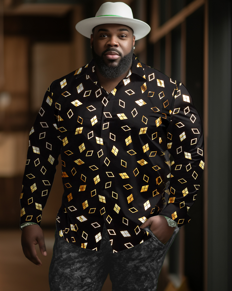 Plus Size Men's Fashion Golden Square Pattern Printing Lapel Long Sleeve Shirt