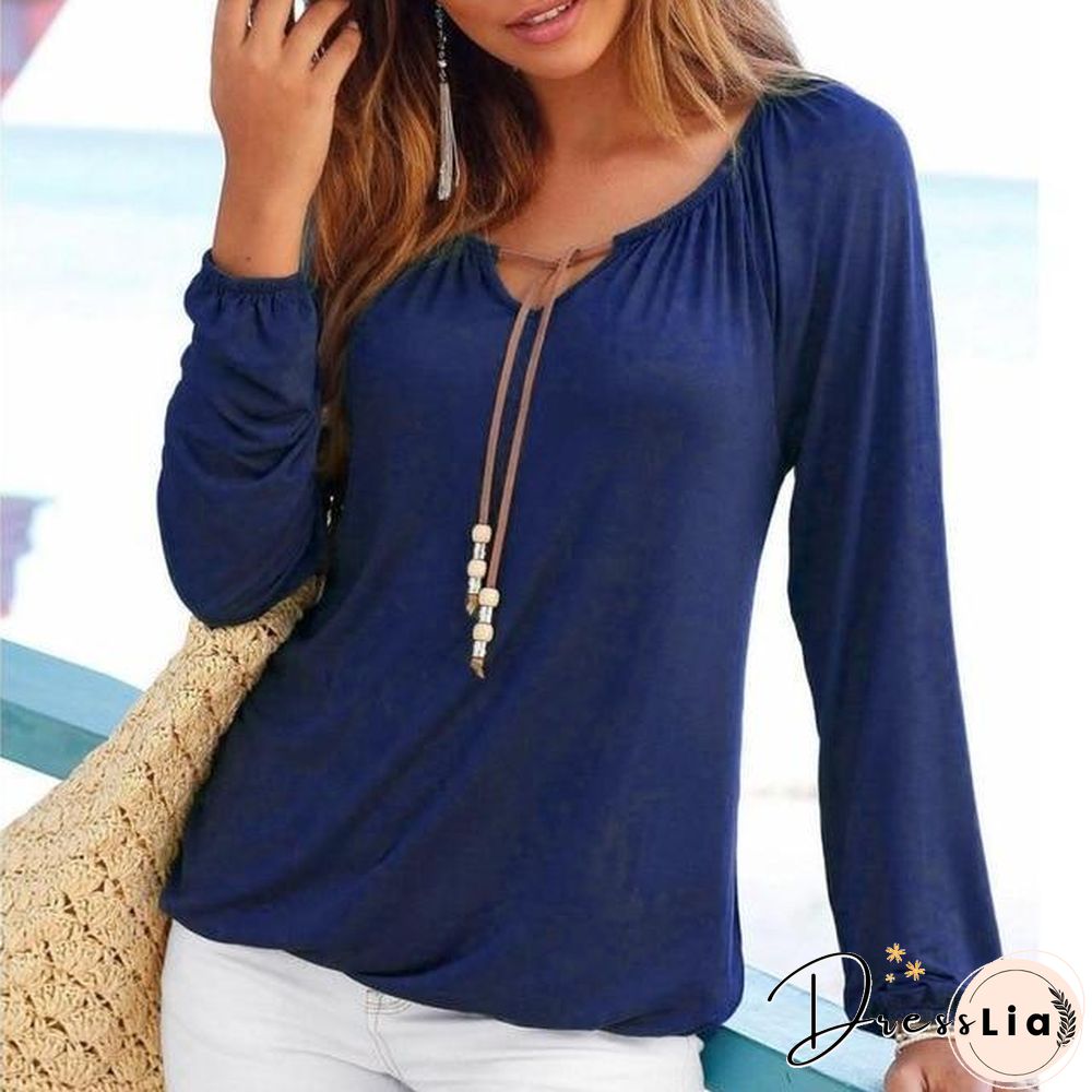 Women Solid Color V Neck Solid Tops Bowknot Long Sleeve Shirt Loose Comfort Blouse