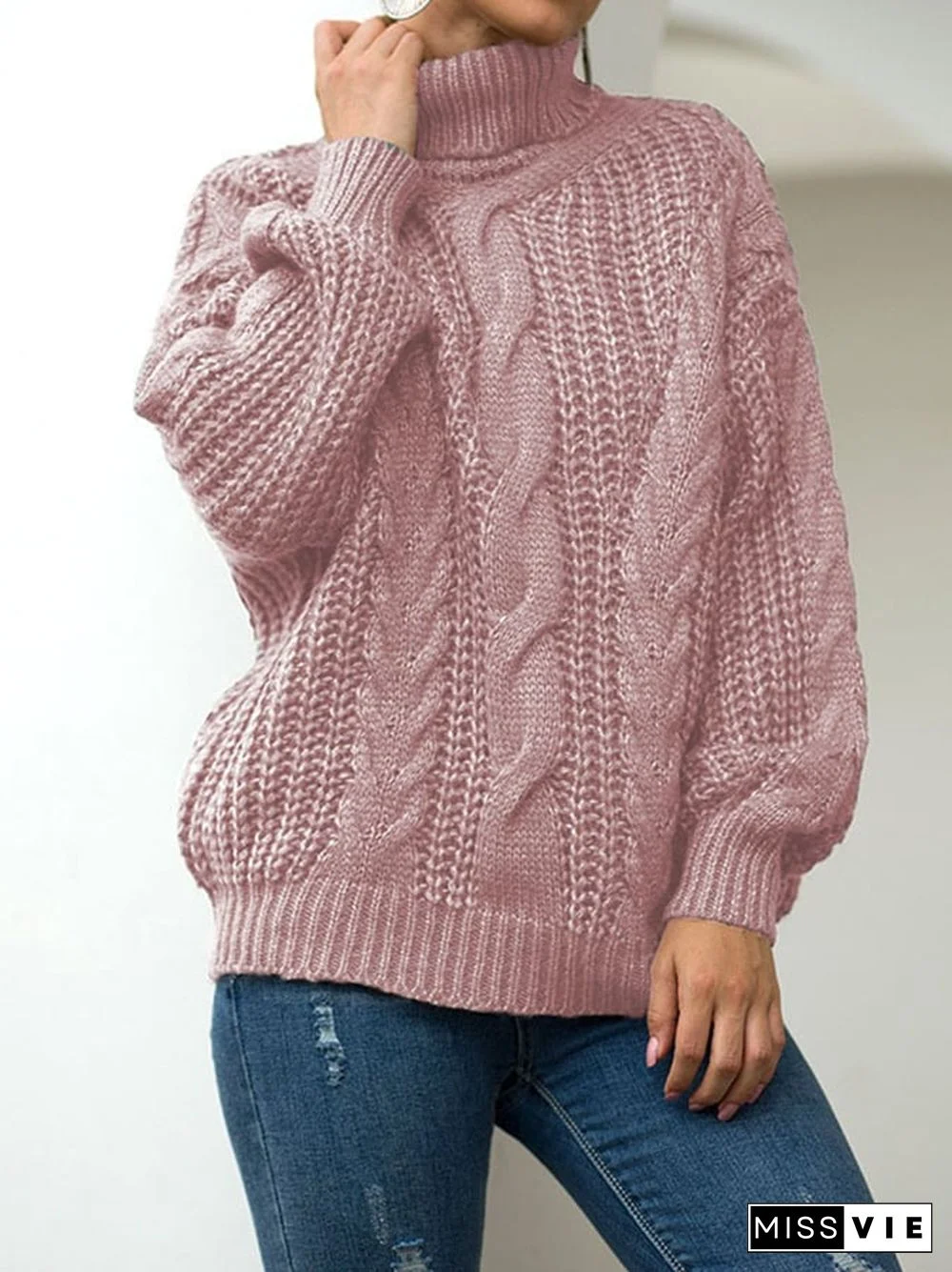 Women's Fashion Slouchy Cable Knit High Neck Pullover Sweater