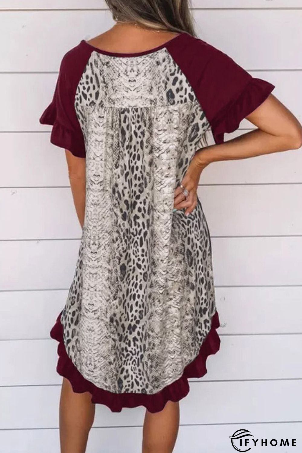 Wine Flounce Design Leopard Printed Short Sleeve Mini Dress | IFYHOME