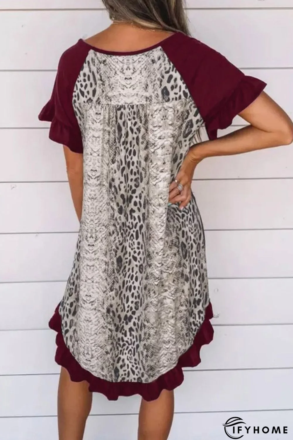 Wine Flounce Design Leopard Printed Short Sleeve Mini Dress | IFYHOME