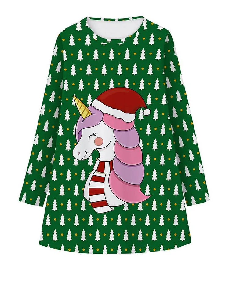 Mayoulove Unicorn In The Christmas Hat Green Tree Print Girls Long Sleeve Dress-Mayoulove