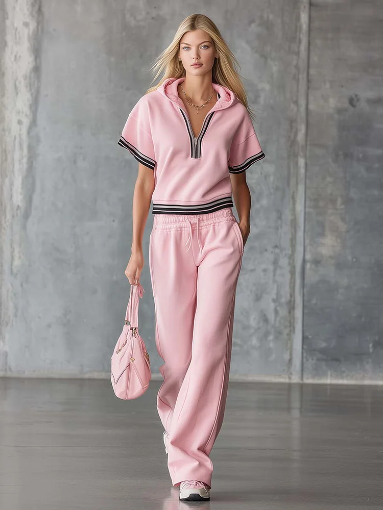 【24-hour shipping out】Elegant Fashion Sporty Hooded Front Zipper Short-sleeved Pink Cotton Top And Pants Set