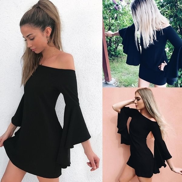 Fashion Women Clothes Elegant Flame Black Off Shoulder Flare Sleeve Mini Party Nightclub Dresses - Life is Beautiful for You - SheChoic