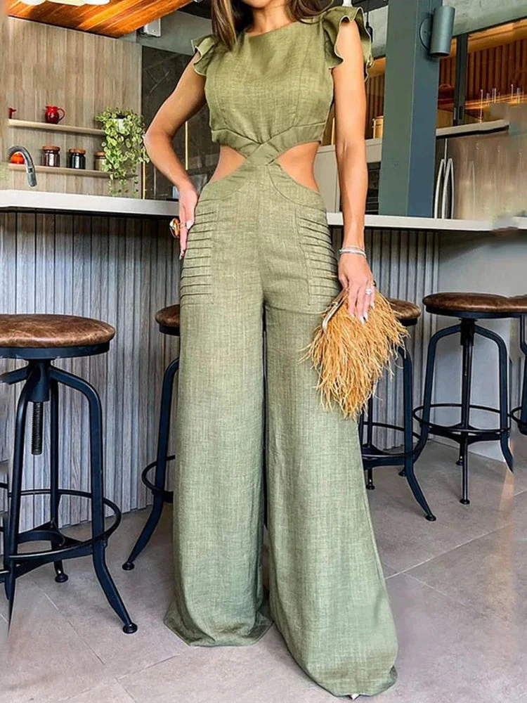 Huiketi One Piece Jumpsuit Women 2024 Fashion Casual Wide Leg Jumpsuits Hollow Out Female Clothing Summer Sleeveless Streetwear